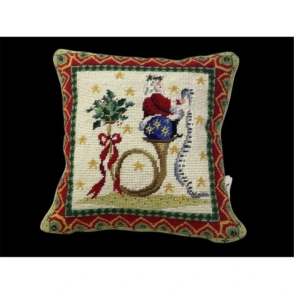 Wool Needlepoint Santa Pillow Velvet Back Square With Border 13.5